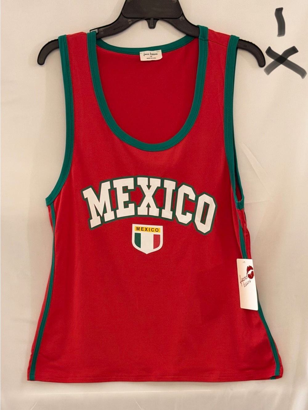 Free Kisses Red Tank with Green Trim and Mexico Graphic
